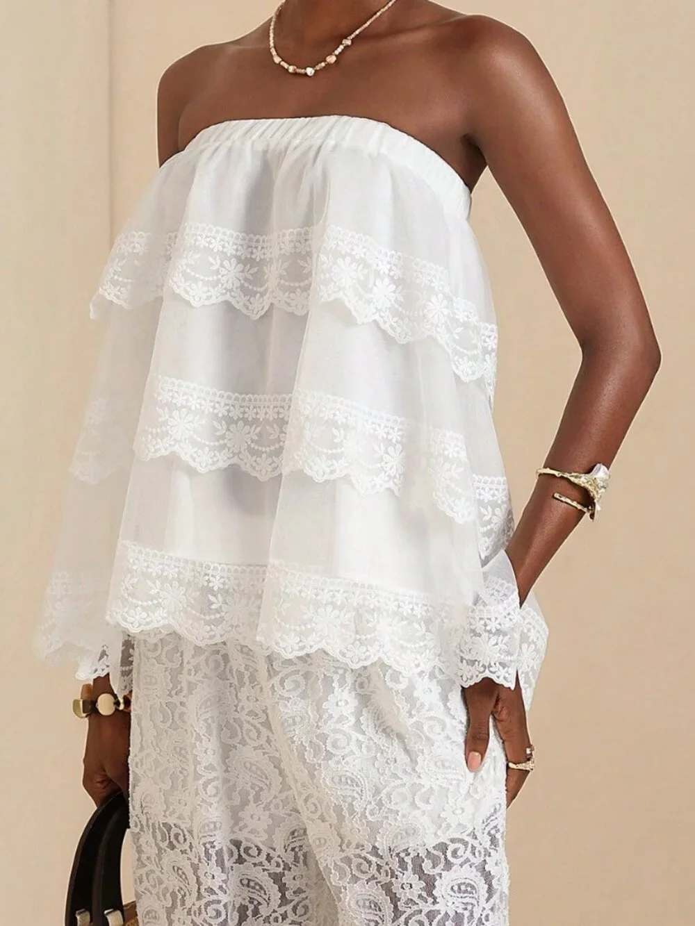 White Boho Women's Lace Trim Bandeau Top